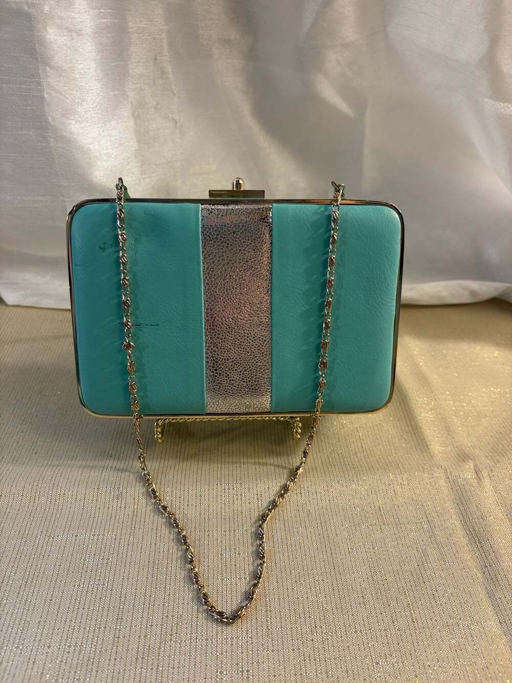 J.McLaughlin Teal Leather and Metallic Snake-Print Clutch with Chain